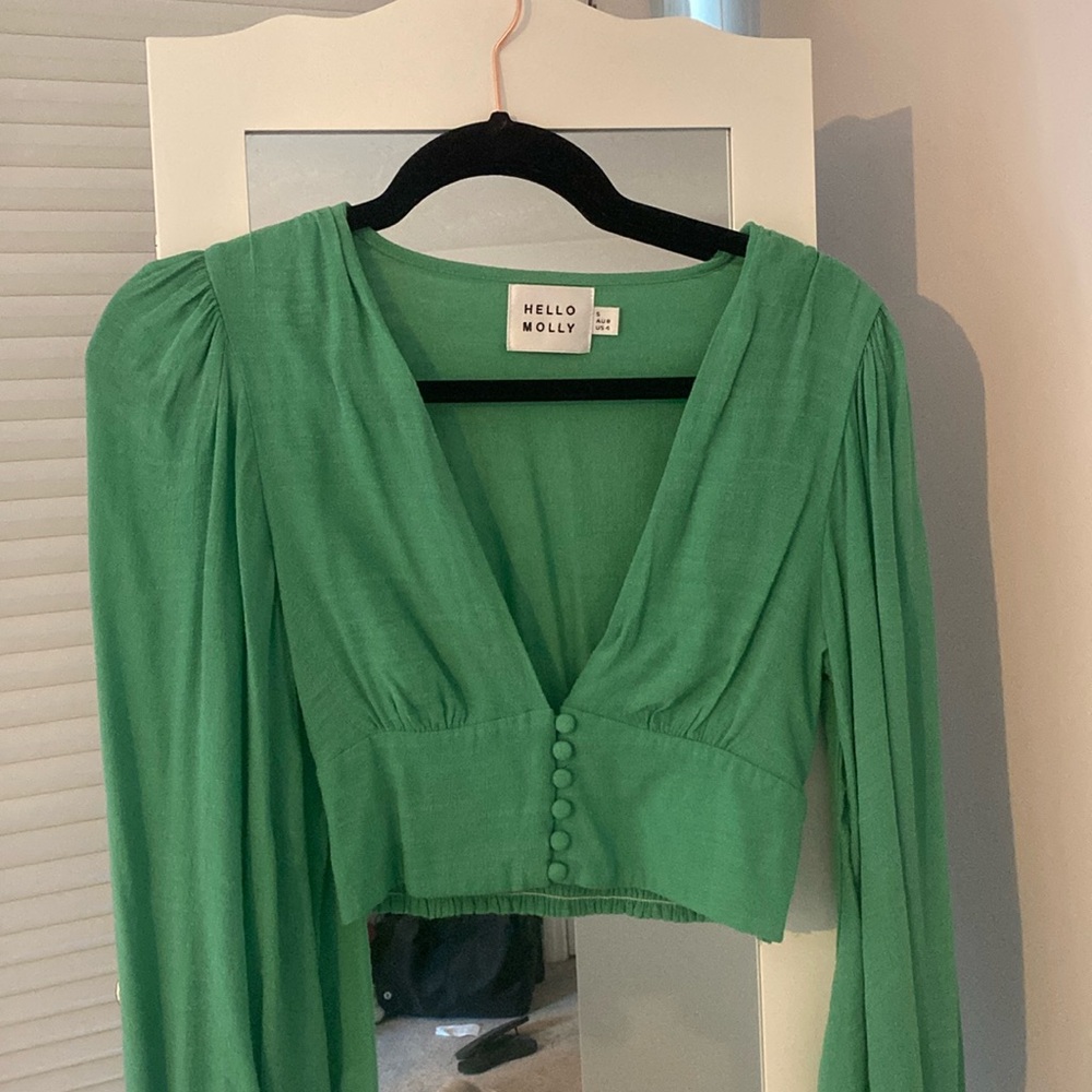 Hello Molly Green Crop Top with Balloon Sleeves